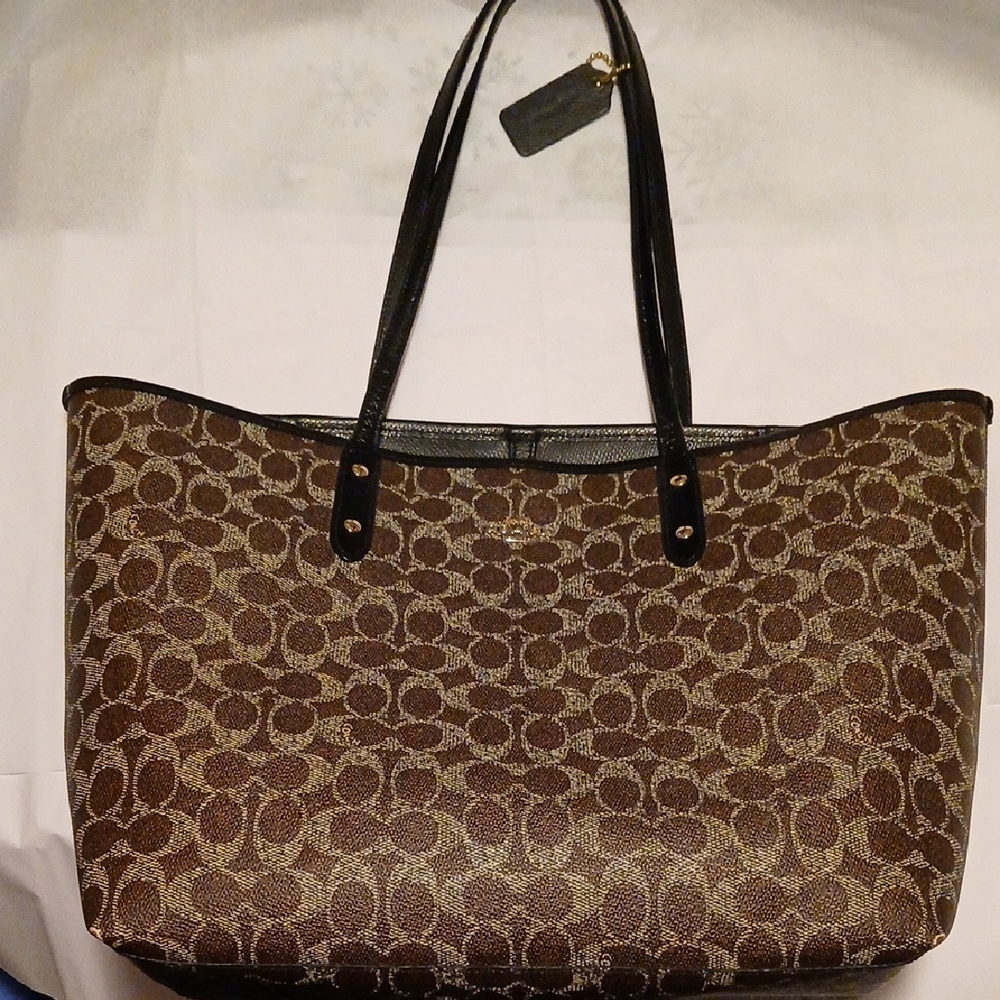 Coach Brown Signature Jacquard Tote with Black Leather Trim